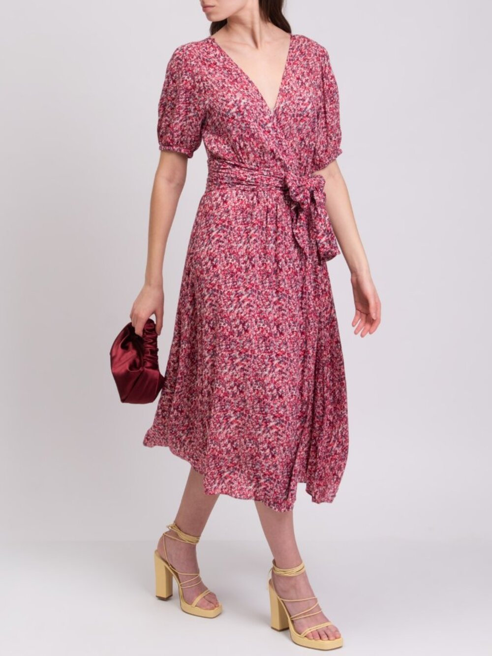 NWT BA&SH Noemie Midi Wrap Dress Size 1 XS Belt V Neck Floral Print, Red White